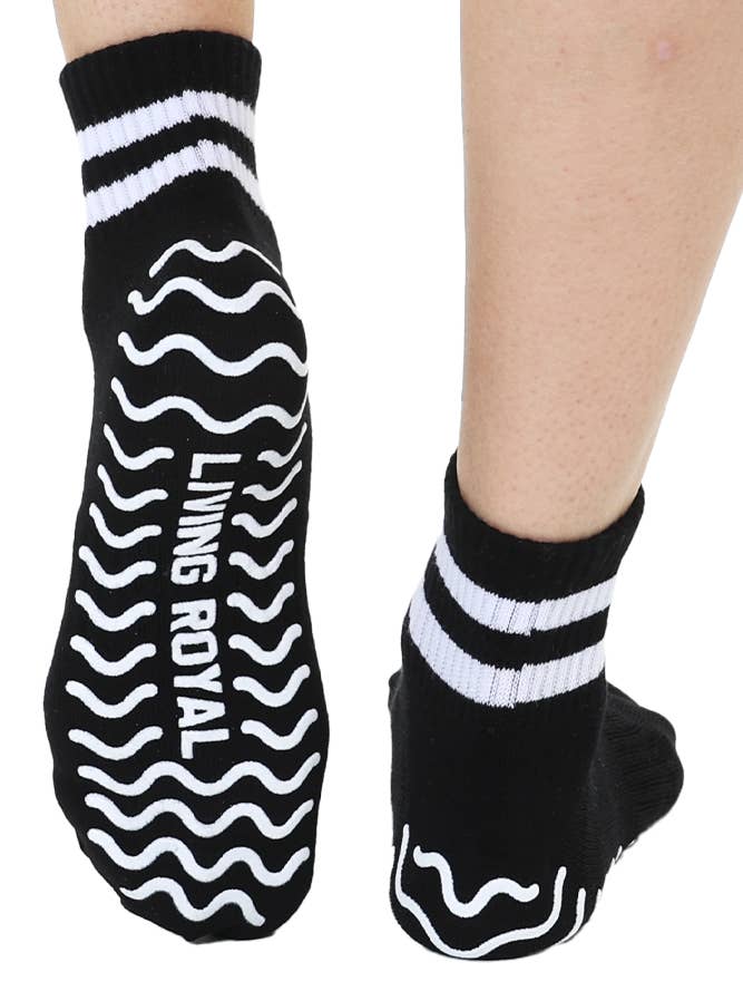 Living Royal - Wholesale Socks - Unisex - Bottom Grip Ankle Socks - White Stripes - Black2