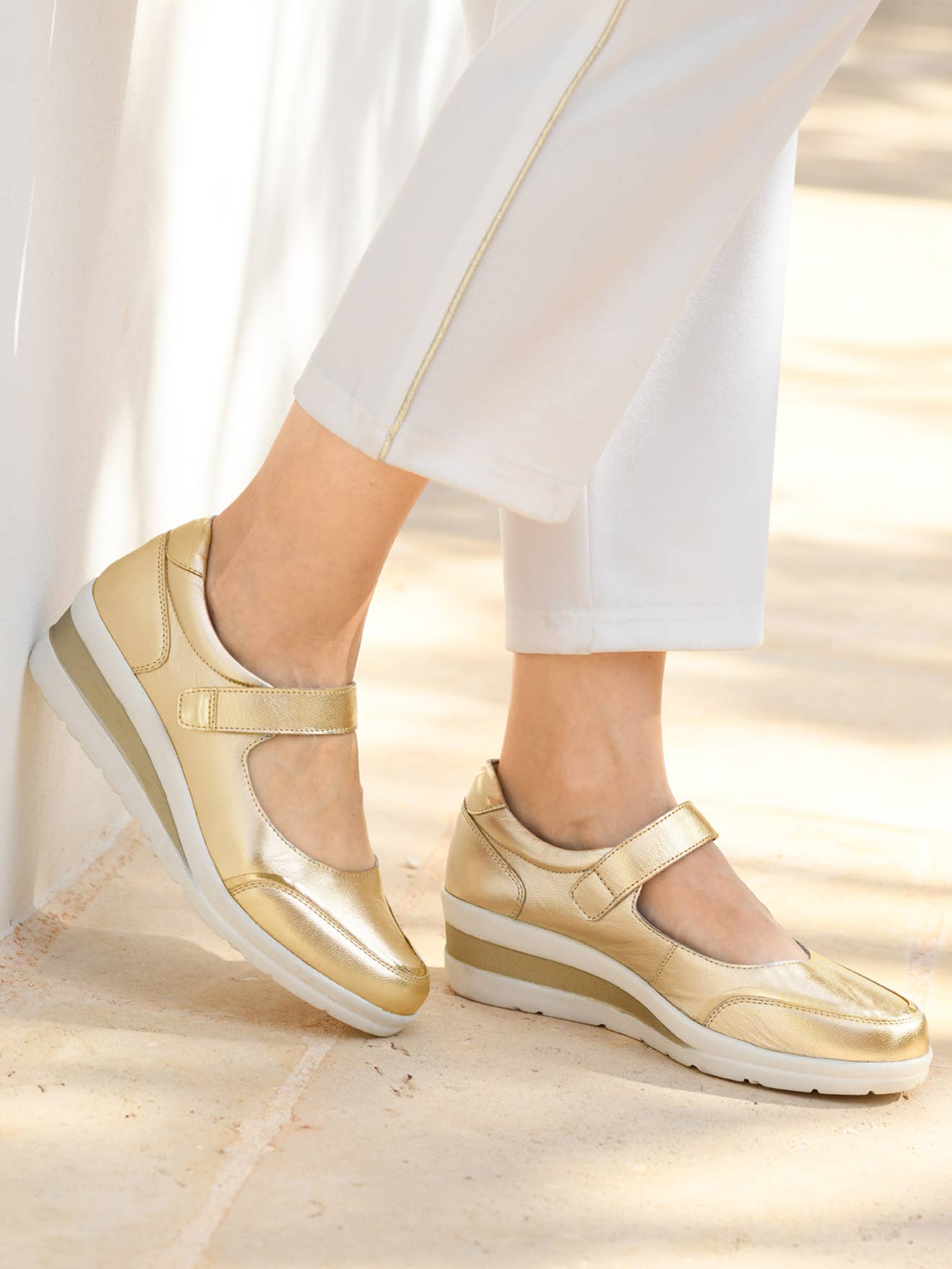 Gold Leather babies with hook-and-loop fastener and wedge sole (2012045_0038) for wholesale on Faire0