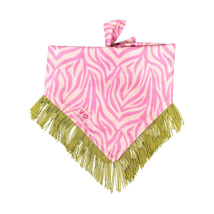Velvet Outlaw - Wholesale Pet Bandana - Dog - Pink Zebra Stripe with Sage Green Fringe Dog Bandana