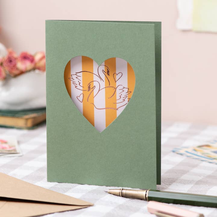 Swan Foil Green Heart Cut Out Card for wholesale by Oh Squirrel