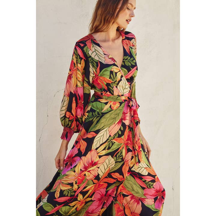 OCEANIA GARDEN Picture Perfect Satin Maxi Wrap Dress for wholesale on Faire