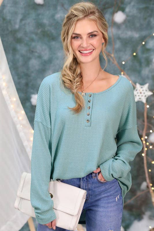 NINEXIS - Wholesale Knit Top - Women's - CWTTL450_BUTTON PLACKET LONG SLEEVE WAFFLE TOP6