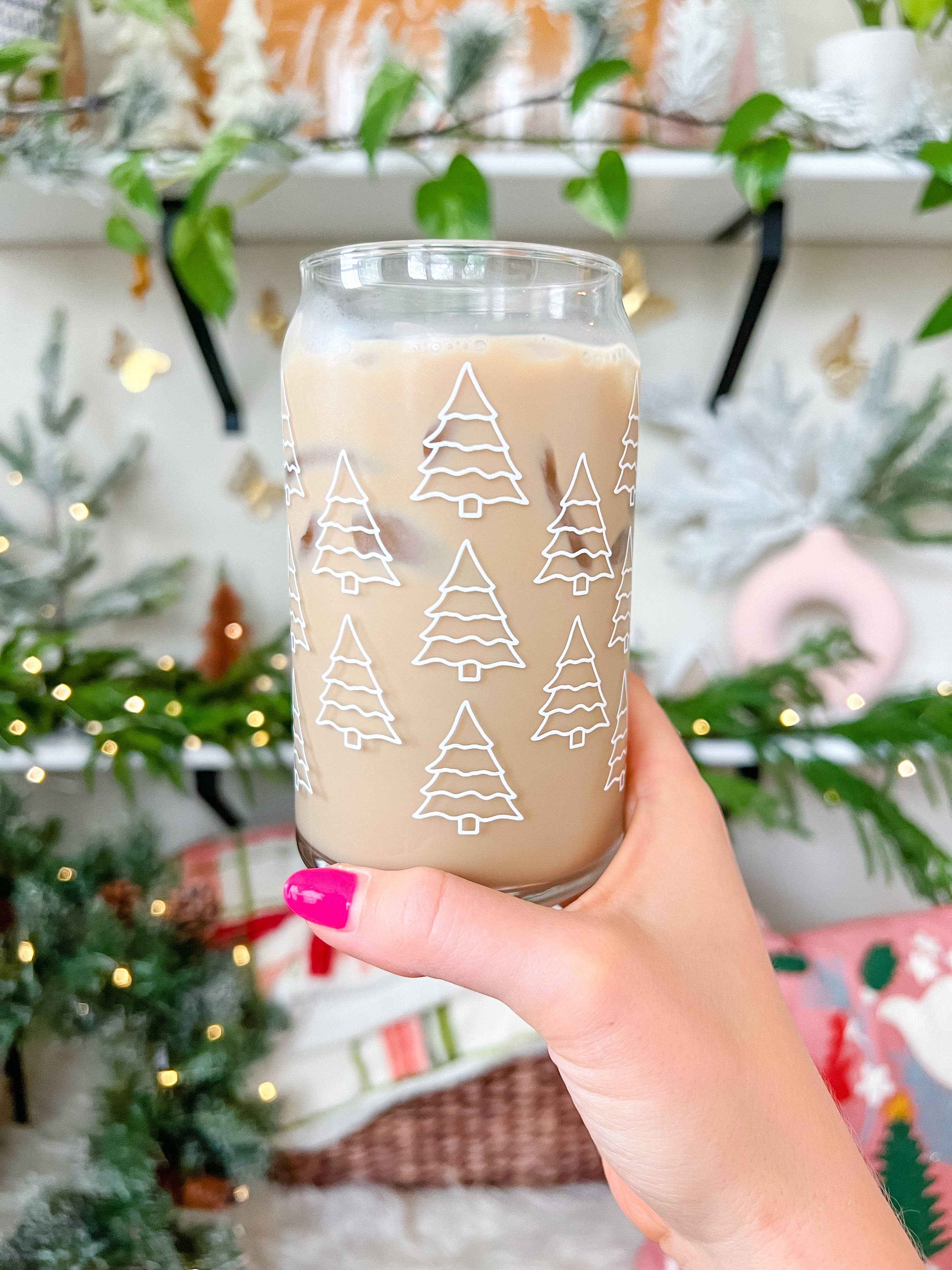 Hart and Flora Shop - Wholesale Drinking Glass/Cup - 16oz White Christmas Trees Glass1