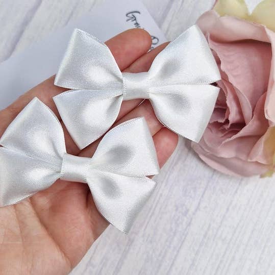 White satin hair bows set of 2 for pigtails for wholesale by Gracie Rose Bowtique