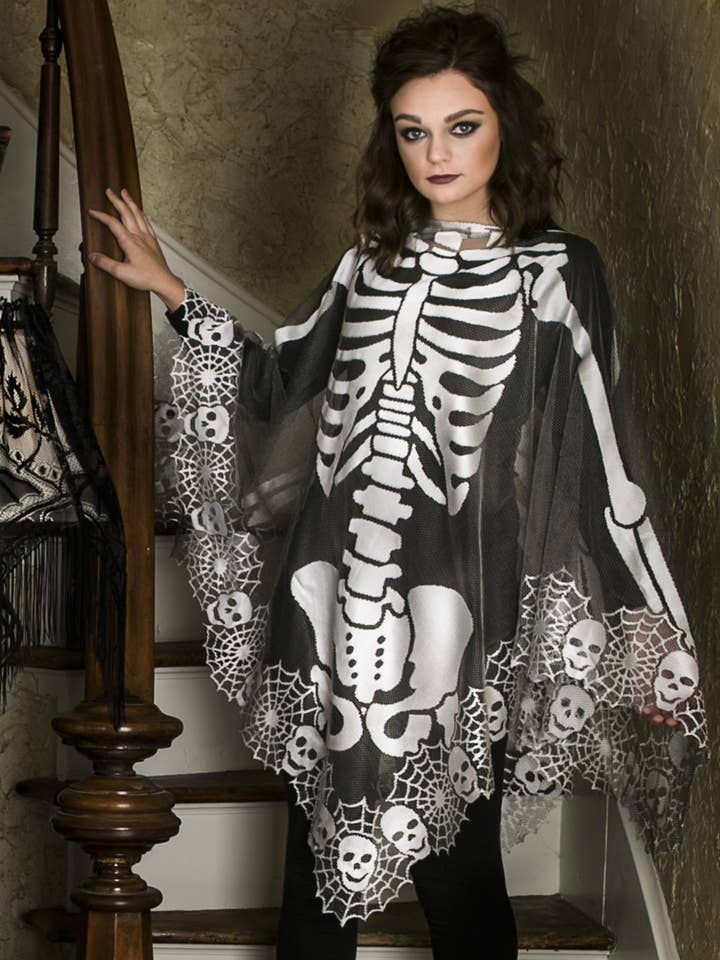 Heritage Lace - Wholesale Poncho - Women's - Skeleton 60x60 Pewter Lace Halloween Poncho Costume