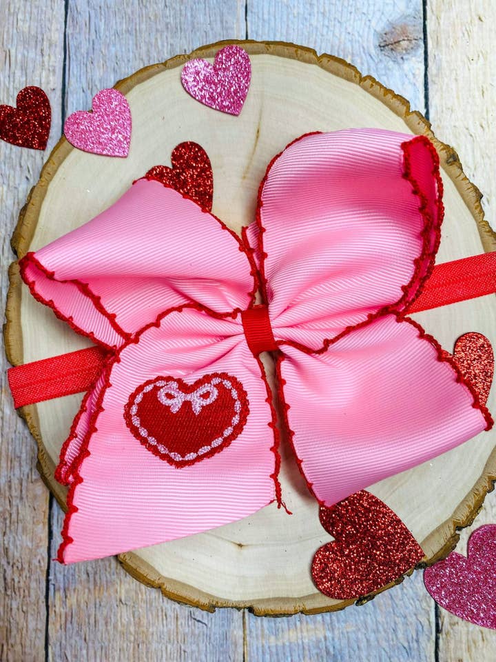 Valentine Doily Heart Embroidered Bow Headband for wholesale by The Hair Bow Company