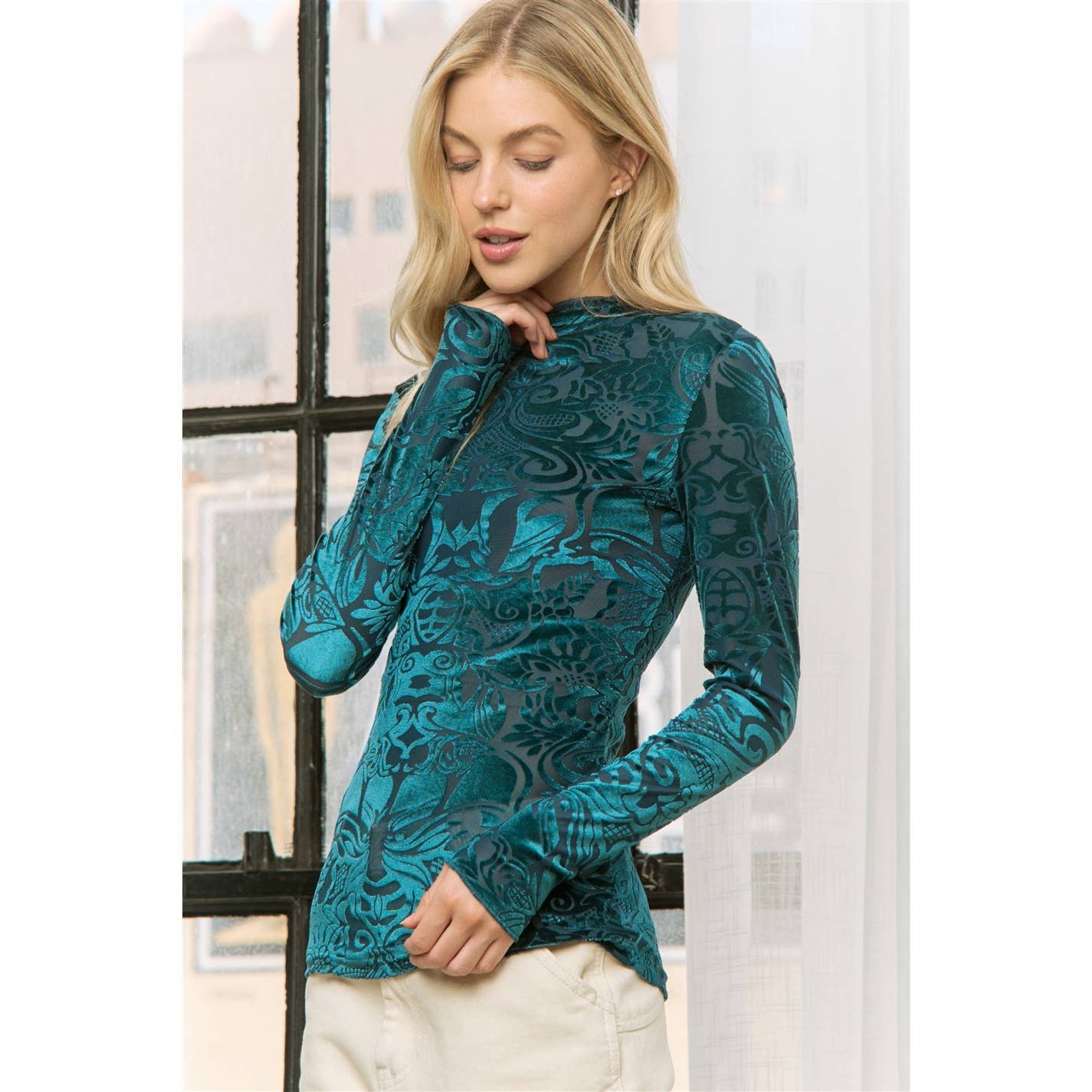 Sweet Generis - Wholesale Knit Top - Women's - VELVET BURN OUT SLIM FIT HIGH NECKLINE TOP4