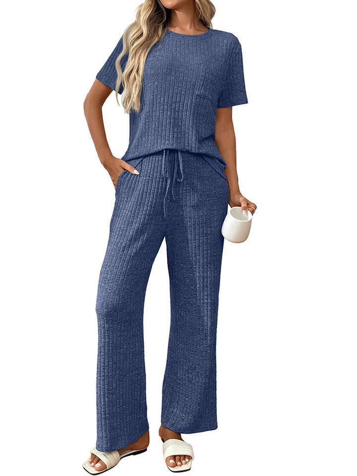 Lovesoft - Wholesale Lounge set – Women's - Ribbed Knit Lounge Set with Short Sleeve Top and Pants2