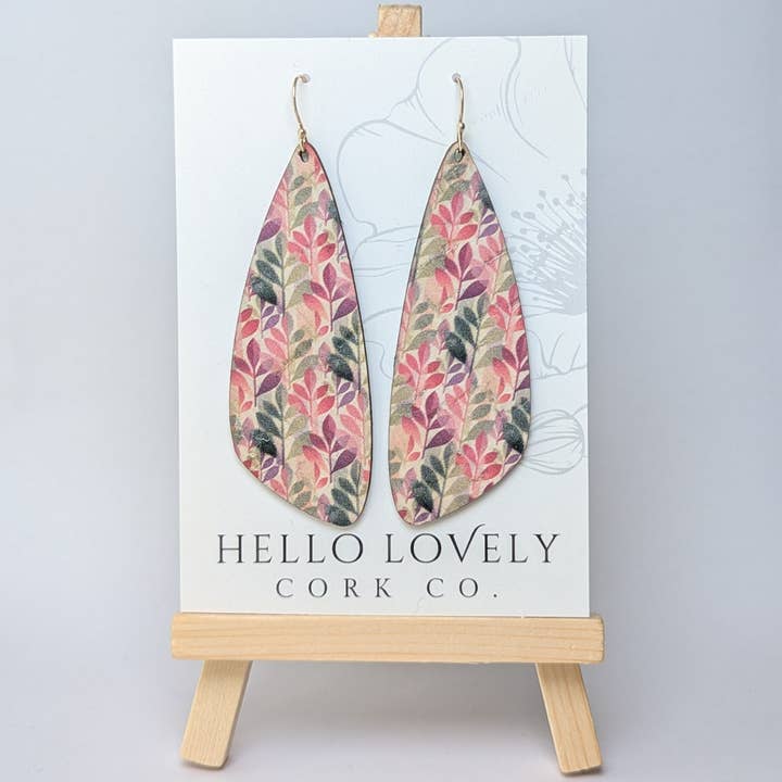 Hello Lovely Cork Co. – wholesale Dangle earrings – Green and Fuchsia Leaves Cork Earrings - Large Wing