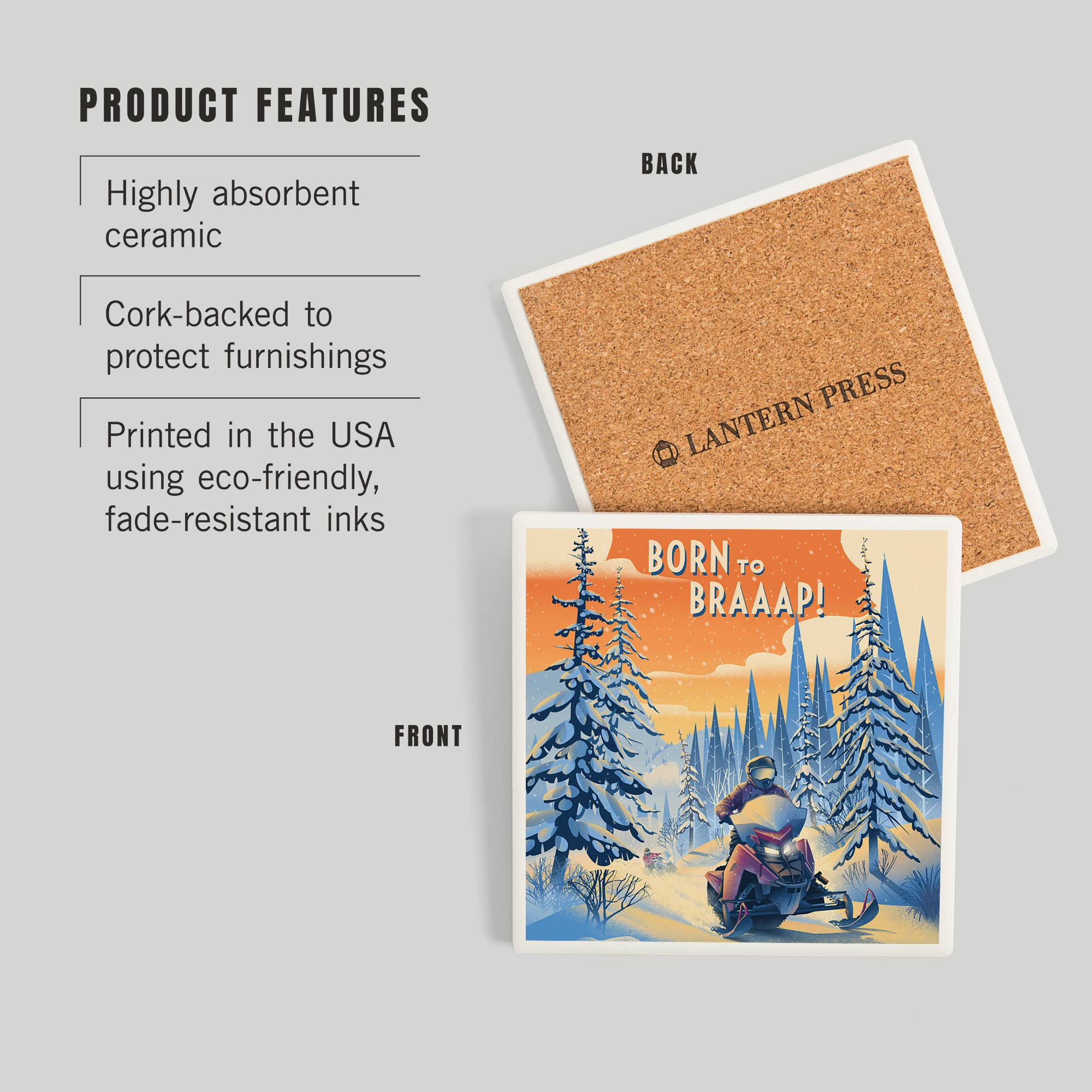 Lantern Press - Venta al por mayor Posavasos - POSAVASOS DE CERÁMICA Nacido para Braaap!, Motonieve2