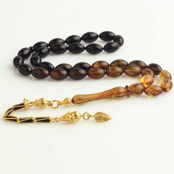 Aladdin - Wholesale Prayer beads necklace - Tesbihevim | Gold Plated Amber Tasbih with Silver Tassel