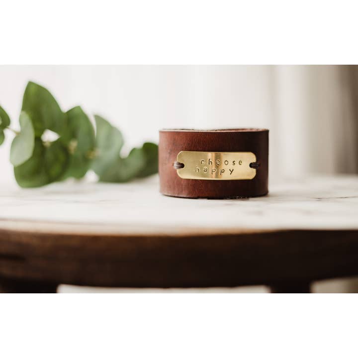 Choose Happy Leather Bracelet - Tan for wholesale by Maggie Claire Designs