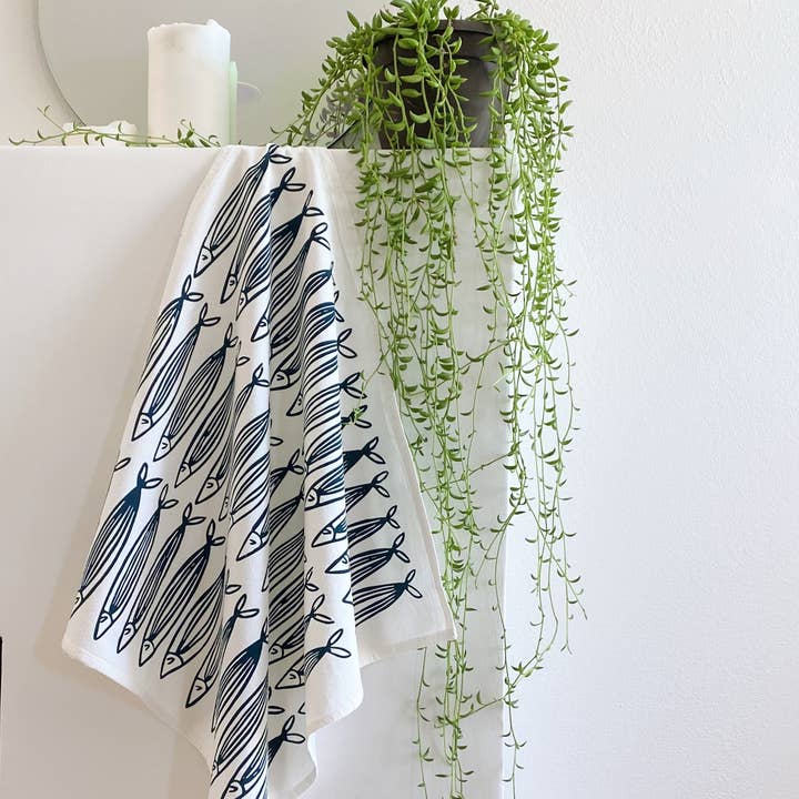 Julie Peach - Wholesale Tea towel - White Sardines 20" Tea Towel - Silkscreened 100% Cotton2