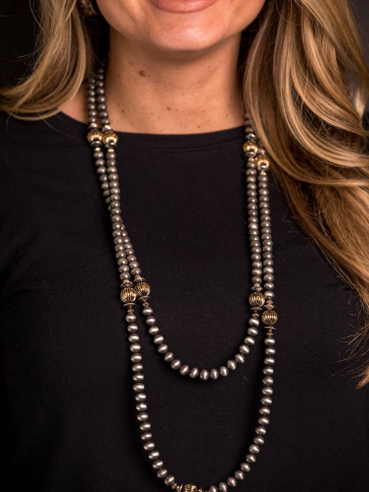 66" Faux Navajo Necklace w Burnished Gold Melon Beads for wholesale by West & Co.