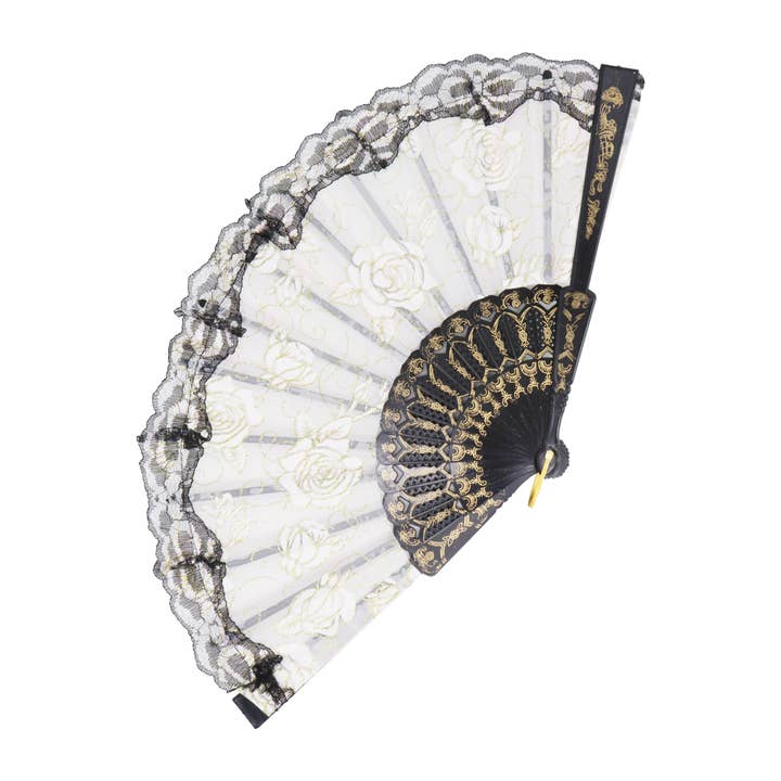 Cap Zone - Wholesale Handheld Folding Fan - Rose Gold Glitter Lace Trim Hand-Held Folding Fan