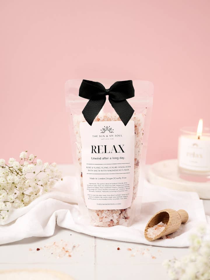 Relax Luxury Soak Himalayan Bath Salts Gift⎜Rose Ylang Ylang for wholesale by The Sun & My Soul Bath Bomb Soak Wellness Gifts