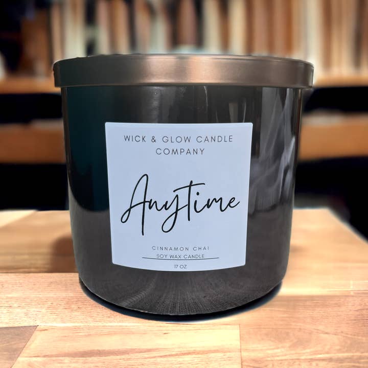 Anytime 3 Wick Cinnamon Chai Soy Wax Luxury Scented Candle for wholesale by Wick and Glow Candle Co