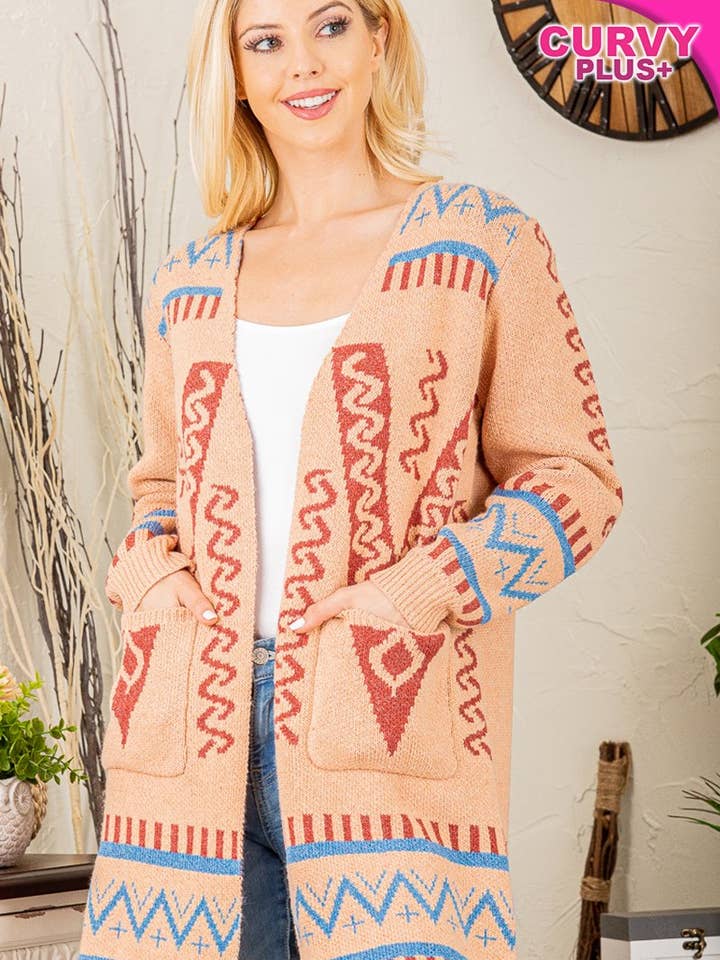 PEACH OPEN FRONT SIDE POCKET PLUS SIZE CARDIGAN for wholesale on Faire0