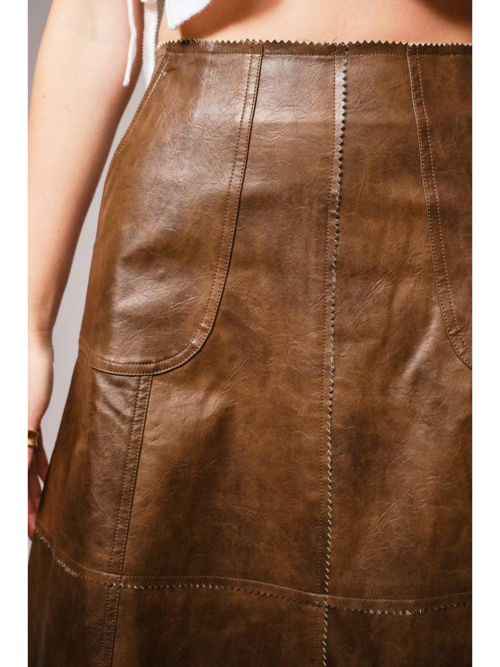 BROWN 37012S - Zigzag Seam Washed Faux Leather Midi Skirt for wholesale on Faire3
