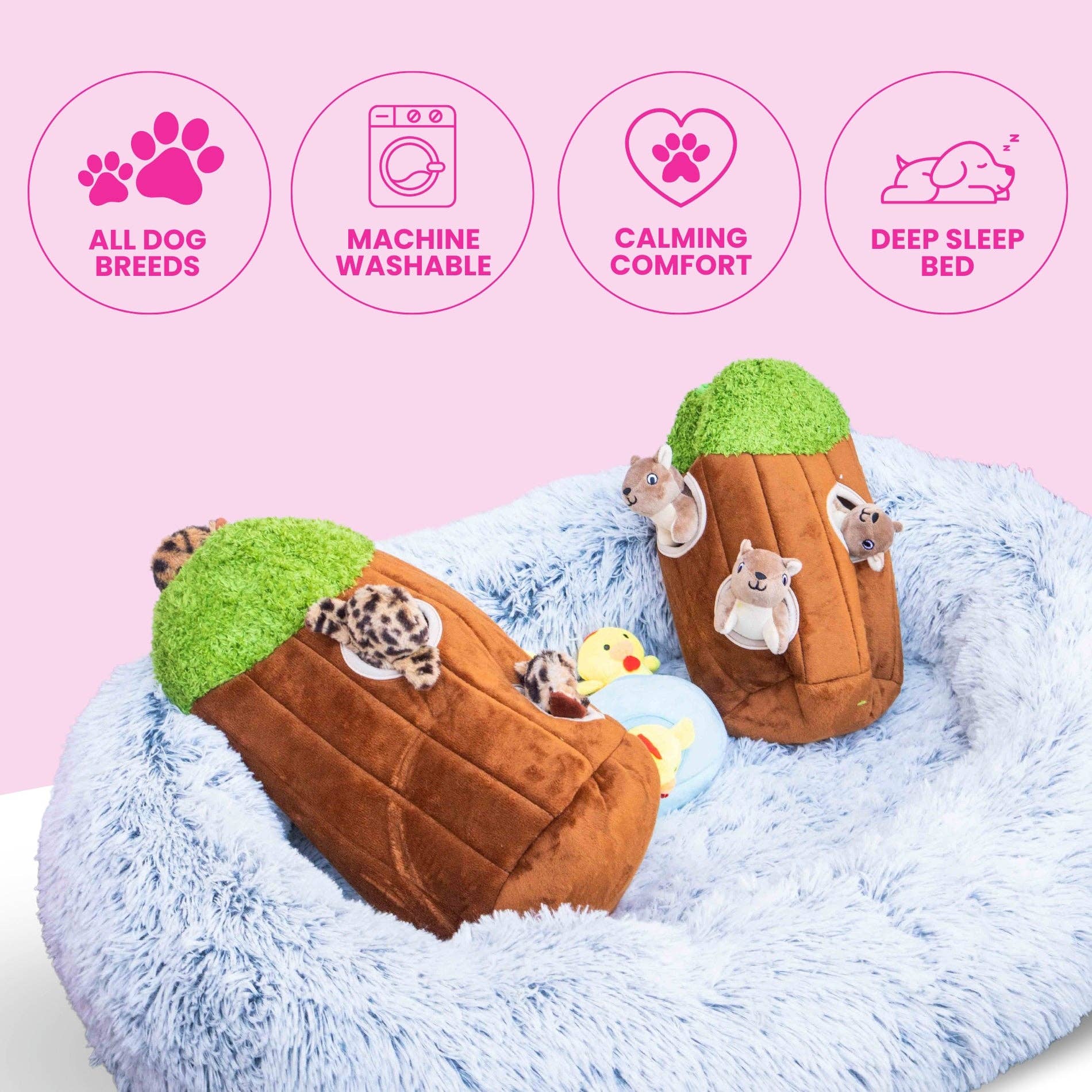 Glow Pups – wholesale Pet bed – Dog – Calming Faux Fur Dog Bed with Memory Foam Bolster19