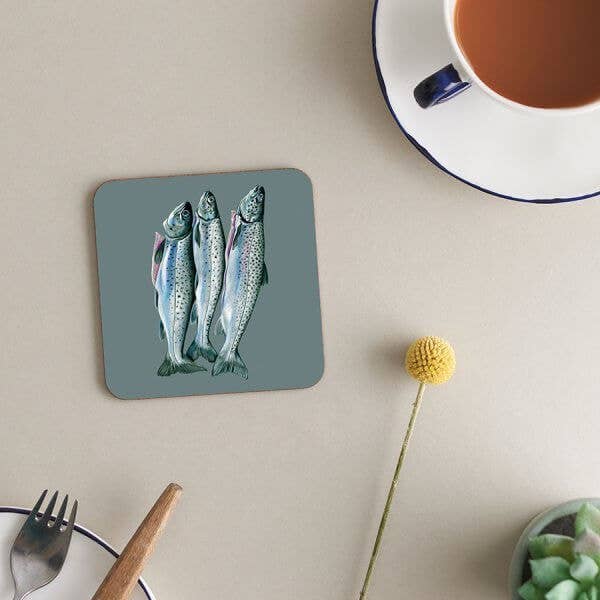 Coaster Melamine Cork Backed | The Catch | Trout | Male for wholesale by Deckled Edge Ltd
