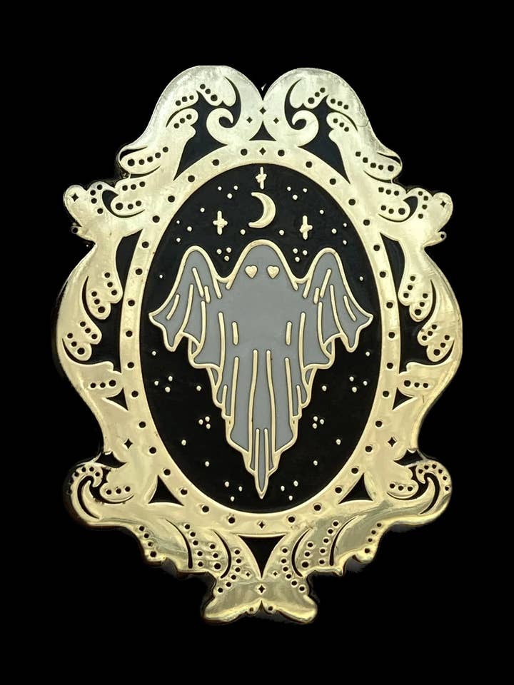 Ghost Frame Pin: Golden Hard Enamel, Goth Spooky Filigree for wholesale by Soni Graves