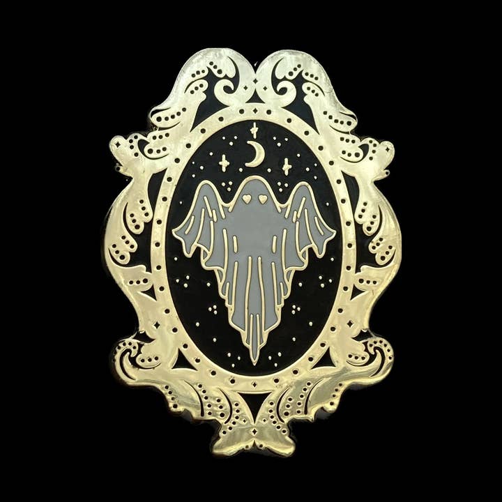 Soni Graves Artistry - Wholesale Lapel Pin/Button - Ghost Frame Pin: Golden Hard Enamel, Goth Spooky Filigree0