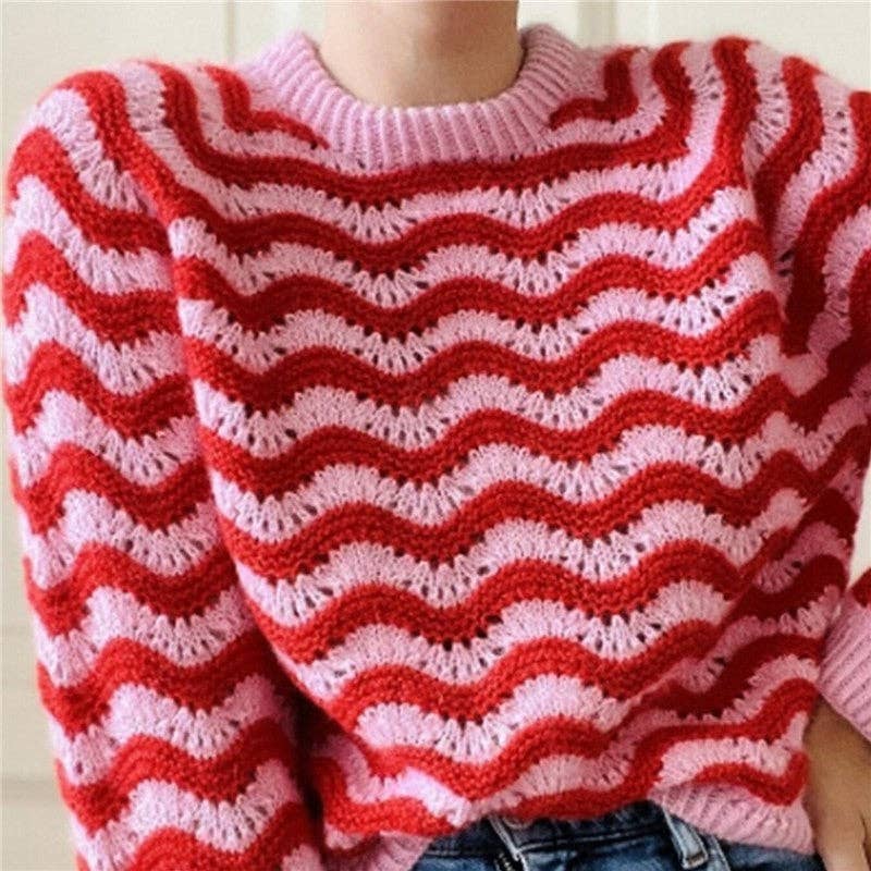 PINK Round Neck Color Block Wave Stripe Sweater for wholesale on Faire2