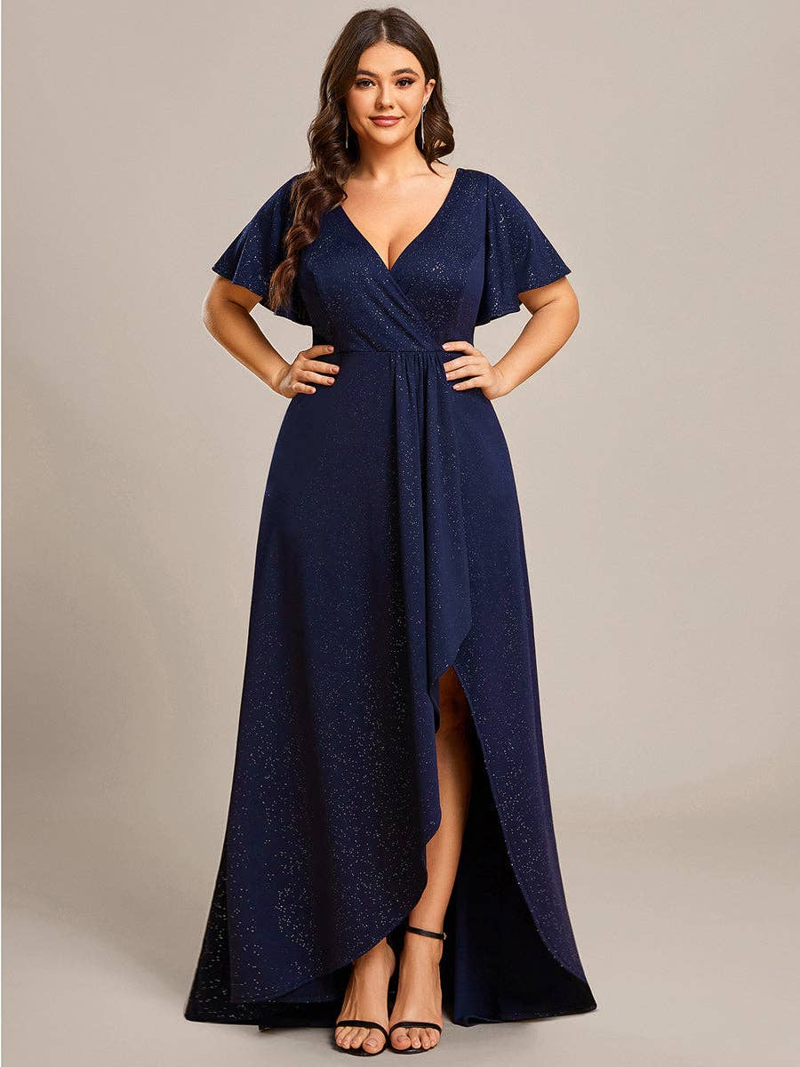 Ever-Pretty - Wholesale Gown - Women's - Plus Split Shiny Evening Dress With Ruffle Sleeves