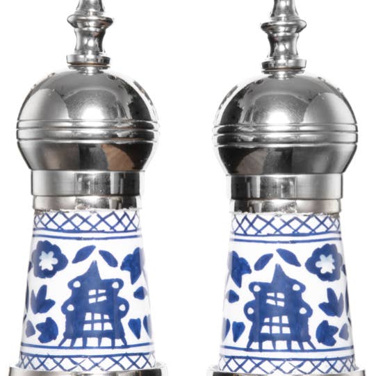 The Enchanted Home - Wholesale Salt & Pepper Shaker Set - Silver and Blue Pagoda Salt and Pepper Shaker