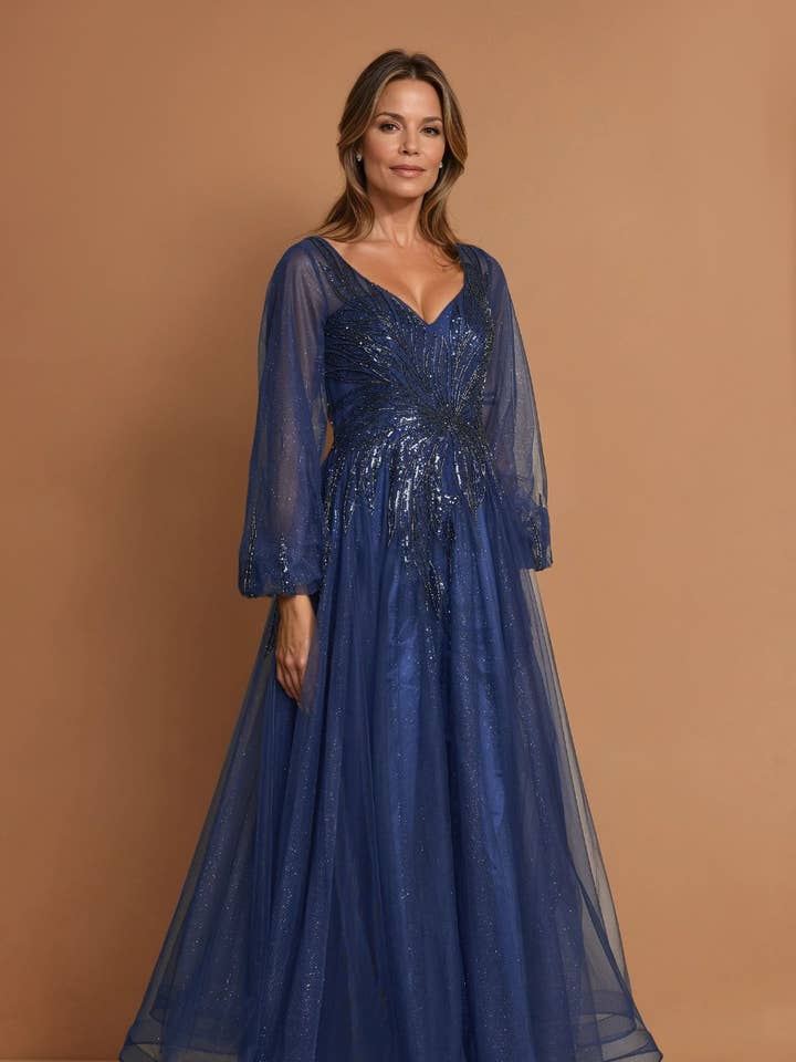 V-hals lange mouwen formele avondjurk voor wholesale door Kos Couture