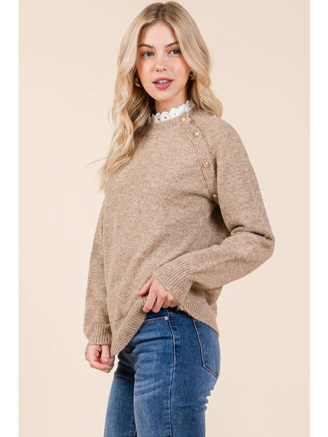 Taupe Lace Neck Knit Sweater with Button Detail (2024 FW) for wholesale on Faire