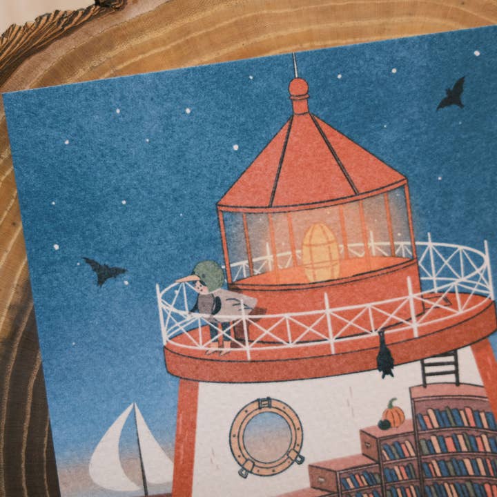 Justine Gilbuena - Wholesale Postcard - Spooky Lighthouse Bookshop Postcard Art Print