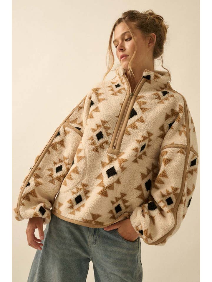 Promesa USA - Wholesale Knit Sweater - Women's - Geometric-Print Sherpa Fleece Half-Zip Pullover5