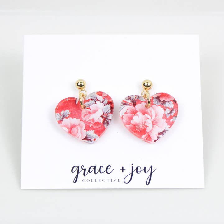 Pink Rose Heart Dangle Earrings for wholesale by Grace + Joy Collective