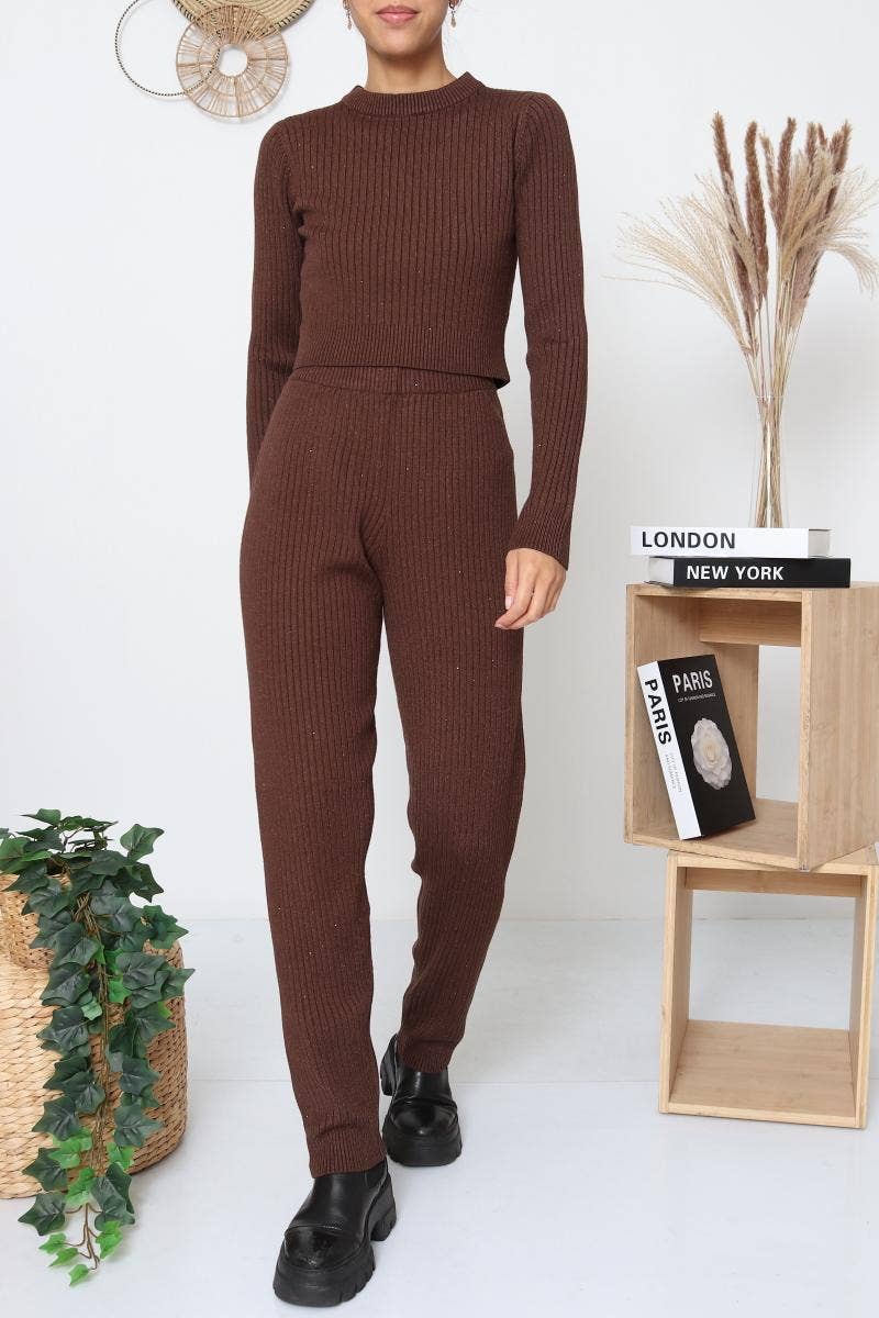 DIX-ONZE - Vente Ensemble haut et pantalon (PAS d'intérieur) - Femme - Ensemble Maille Côtelée – Top Longue Manche & Pantalon10