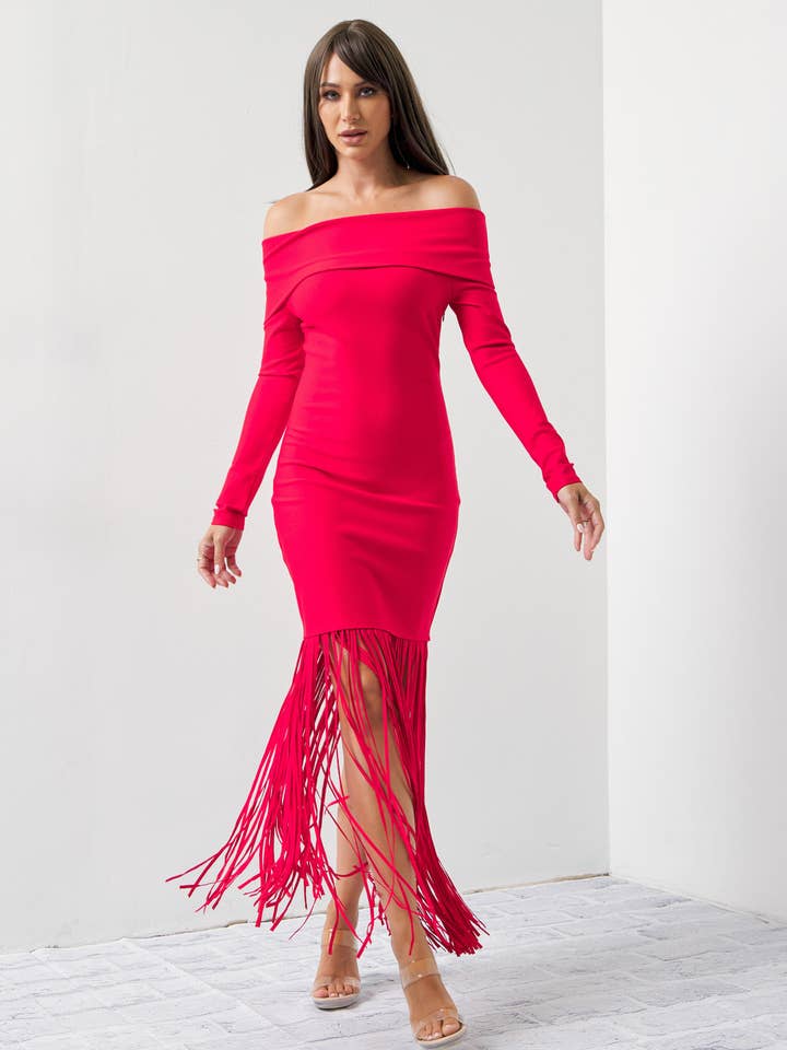 RIVIR - Wholesale Dress - Women's - Knit Off Shoulder Long Sleeve Fringe Dress1