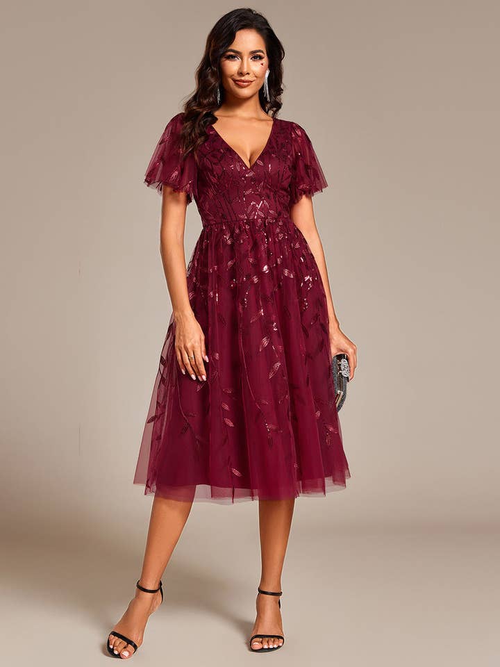 Ever-Pretty - Wholesale Dress - Women's - Exquisite Ruffles Sleeve Tulle Sequin Dresses