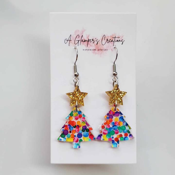 A Glamper's Creations LLC - Wholesale Dangle Earrings - Christmas Tree Acrylic Earrings - Rainbow Dots & Gold Star1
