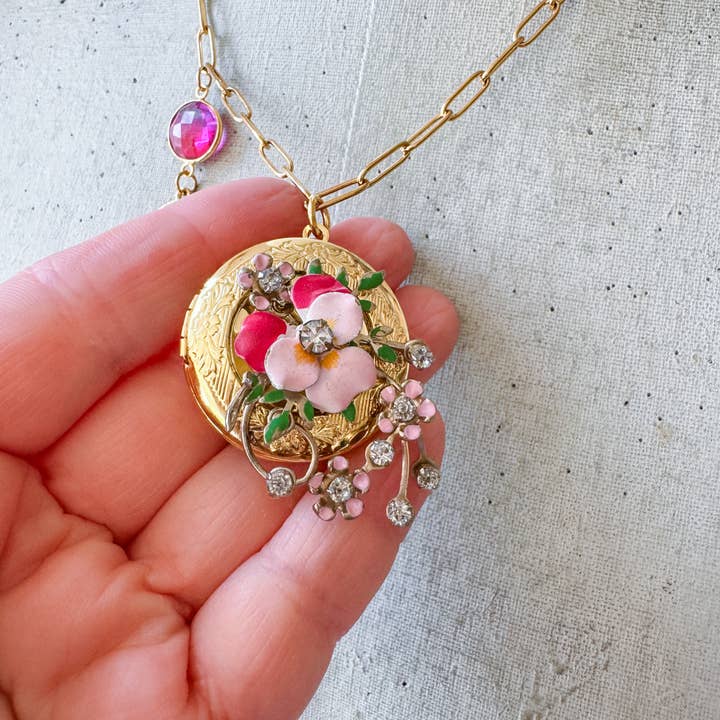 Jo Noelle - Wholesale Pendant/Charm Necklace - Floral Gold Locket and Gemstone handmade Necklace, OOAK
