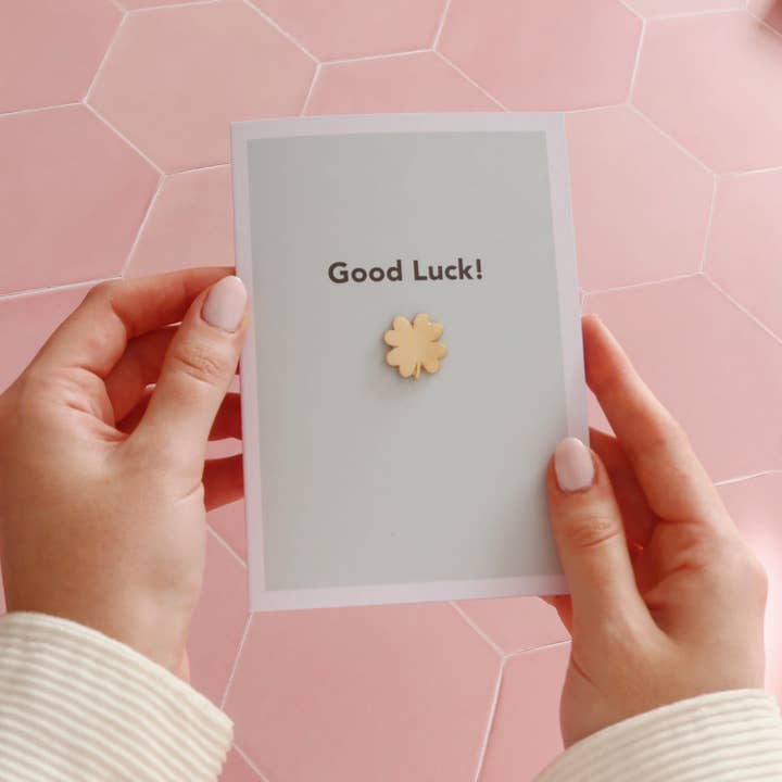 Good Luck Greeting Card with Lucky Clover Enamel Pin for wholesale by Stay Soft Co