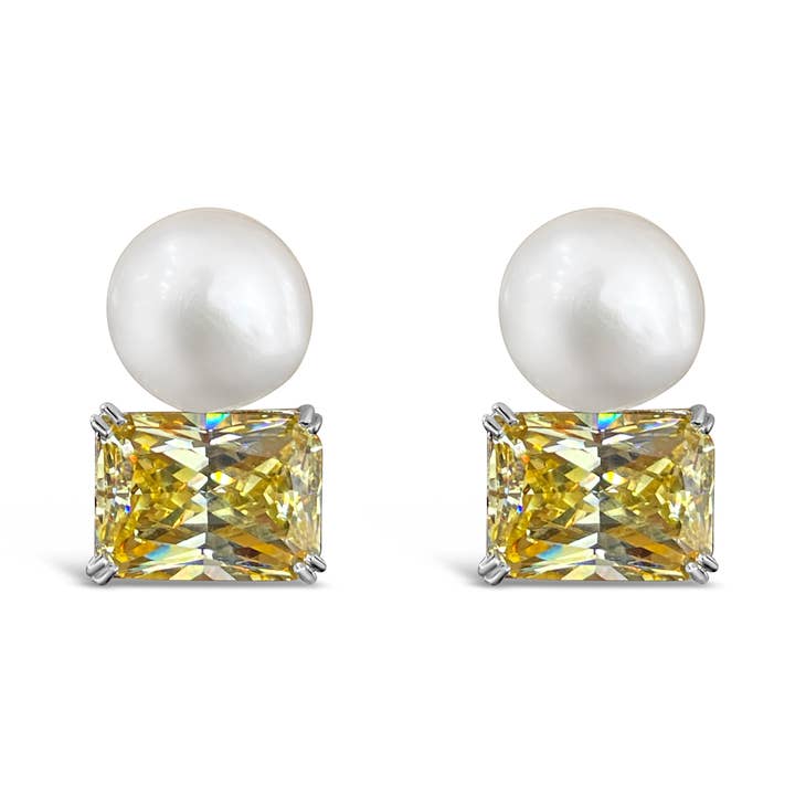 Large Button Pearl & Simulated Yellow Canary Omega Back Stud Earrings for wholesale by Barrocos