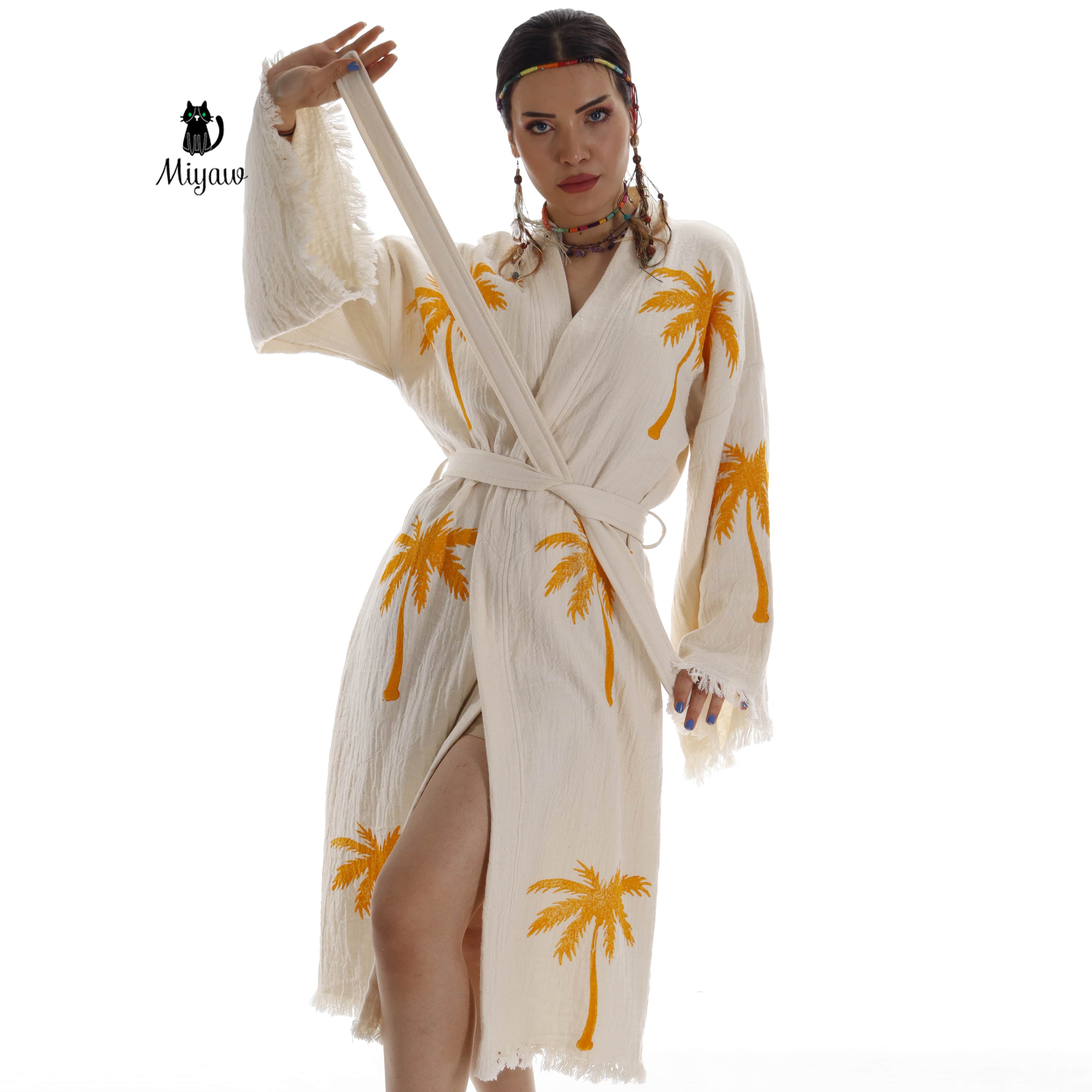 Pure & Chic, LLC - Miyawfashion - Wholesale Robe - Women's - Boho Palm Tree Stamped Organic Cotton Kimono Robe - Handcrafted Beach Coverup3