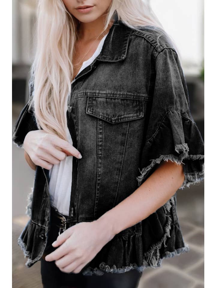 Aapparella - Wholesale Denim Jacket - Women's - Women Raw Edge Ruffled Short Sleeve Denim Jacket | S-XL