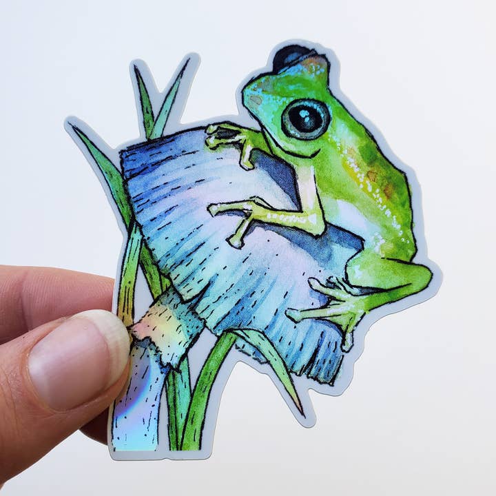 Art by Trisha Hall - Wholesale Sticker - "Hopscotch" Frog & Mushroom Holographic Sticker0
