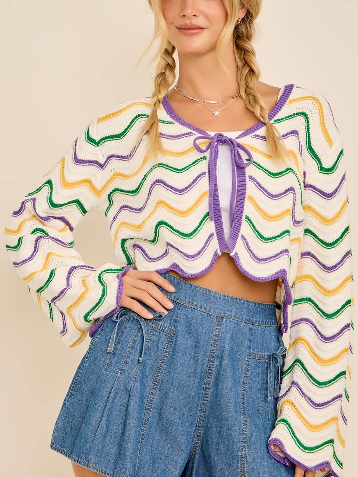 Mardi Gras Wellenstreifen Krawatten-Cardigan – Festlicher Strick für den Großhandel von Main Strip