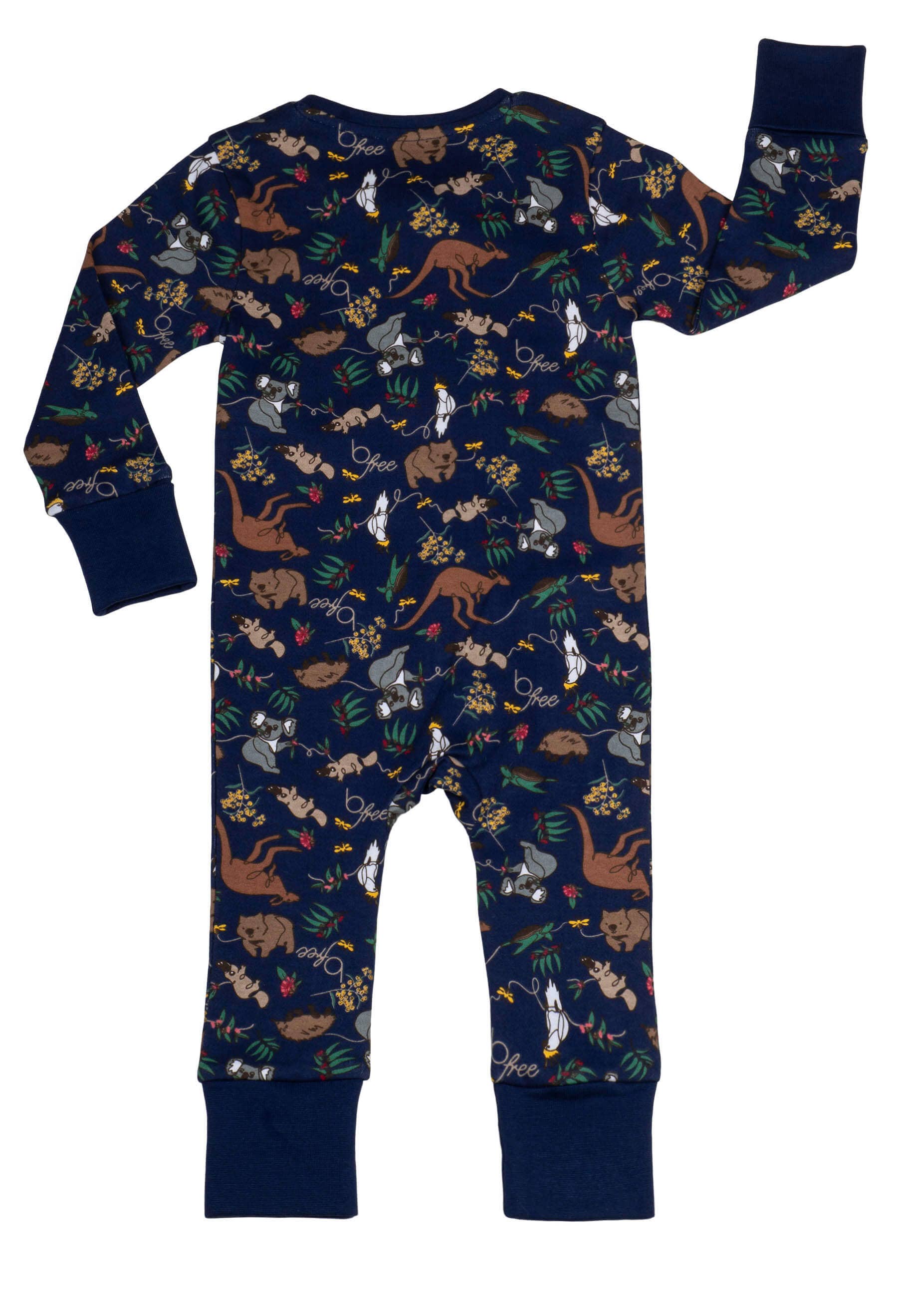 100% Organic Cotton 2-Way Zip Baby Sleepsuit with Foldable Mitts - Navy Native Aussie Animals for wholesale on Faire1