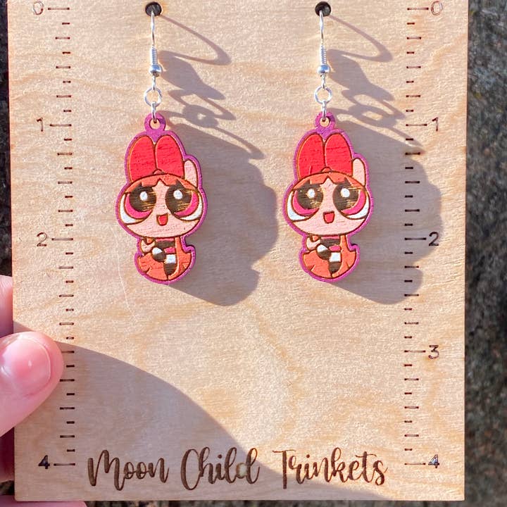 Moon Child Trinkets - Wholesale Dangle Earrings - Powerpuff Girls Blossom Hand Painted Wood Dangle Earrings