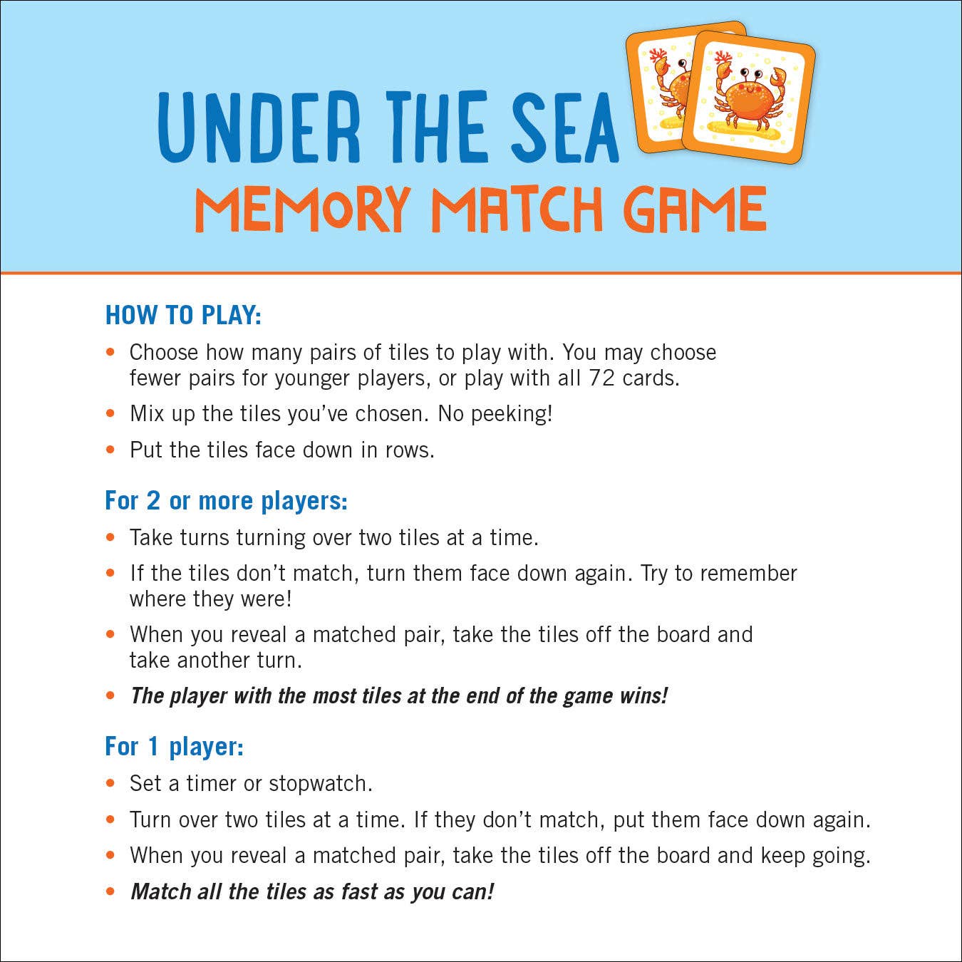 Peter Pauper Press - Wholesale Learning Cards - Kids & Baby - Under the Sea Memory Match Game (Set of 72 cards)3