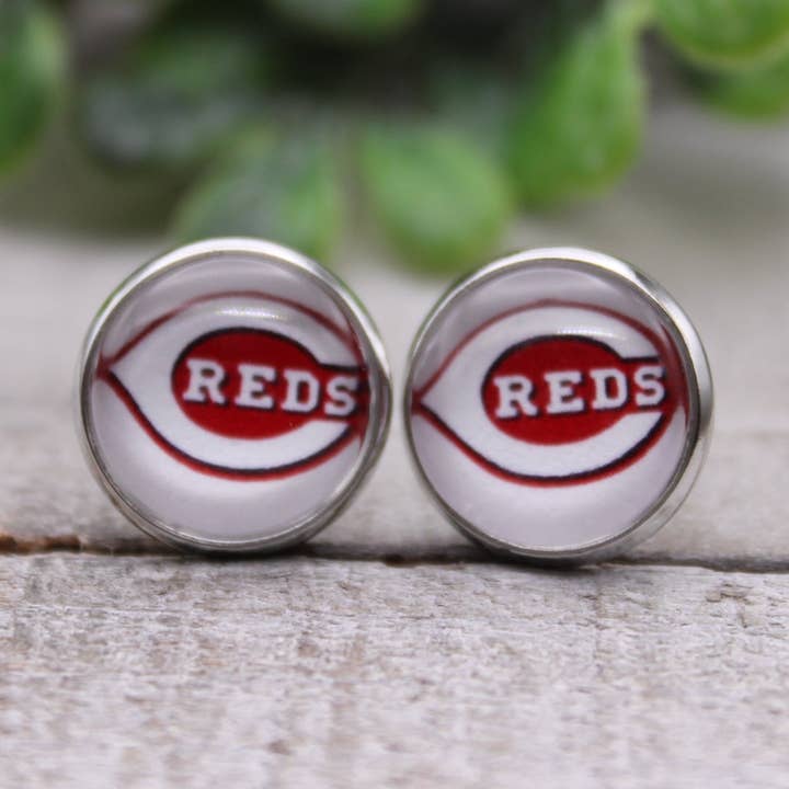 Reds Baseball || 12mm Glass Stud Earrings || Hypoallergenic for wholesale by Hylidae Boutique